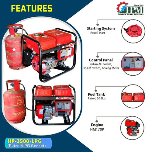 3 KVA LPG Generator , Petrol & LPG RUN, Recoil Start, Model HP-3500-LPG
